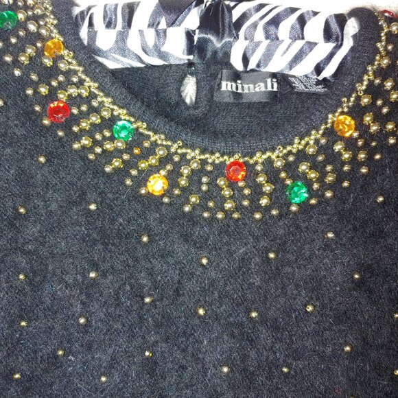 Minali Vintage Angora Wool Blend Beaded Jeweled Pullover Sweater Size M Black - Picture 2 of 5